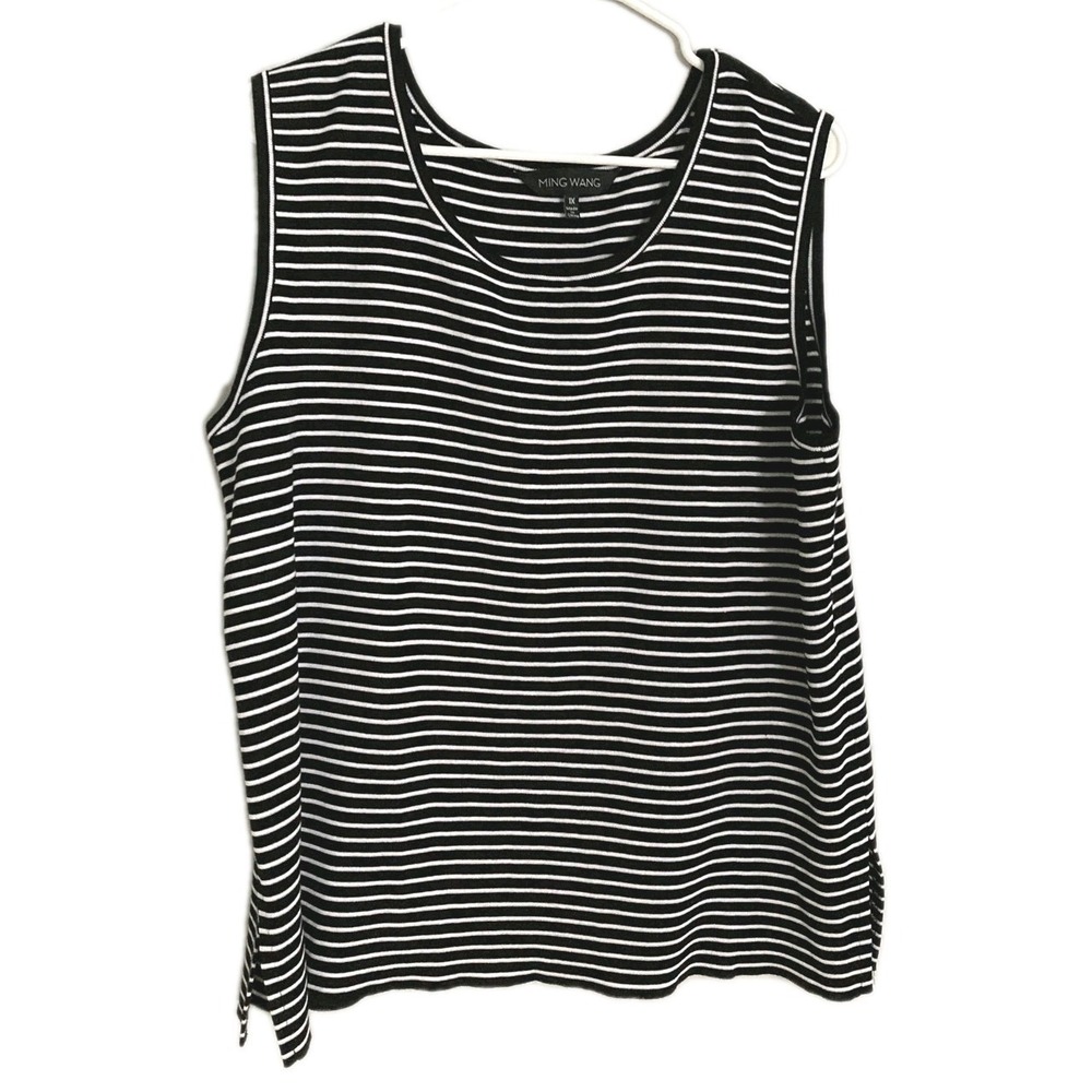 Ming Wang Tank Top Womens Plus 1X Black White Stripe Scoop Neck Sleeveless Knit